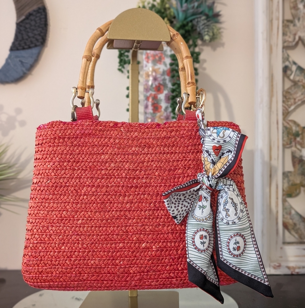 VINTAGE ST JOHN'S BAY Red Woven Handbag with Bamboo Handles